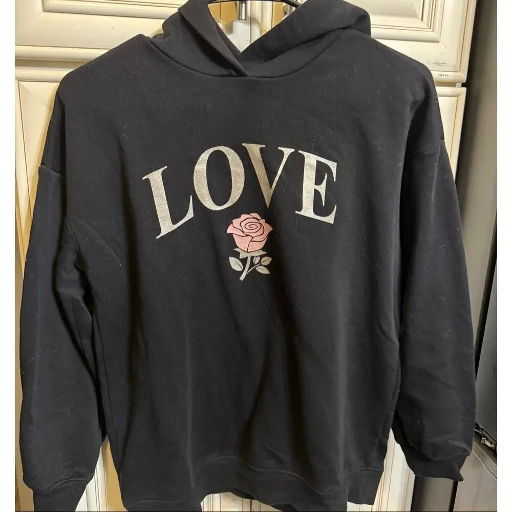 Old Navy Youth Girls Love Rose Graphic Pullover Hoodie Sweatshirt Black XL 14-16